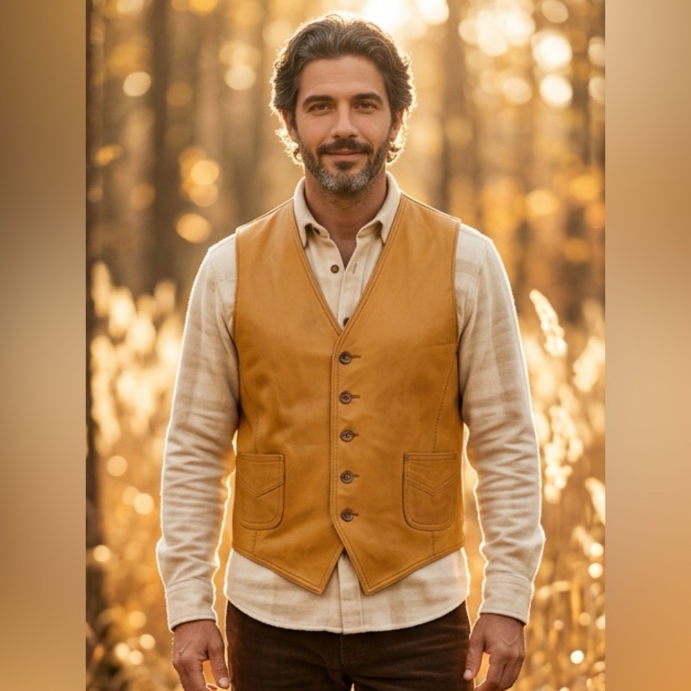 Men's Leather Button Vest in Caramel Brown